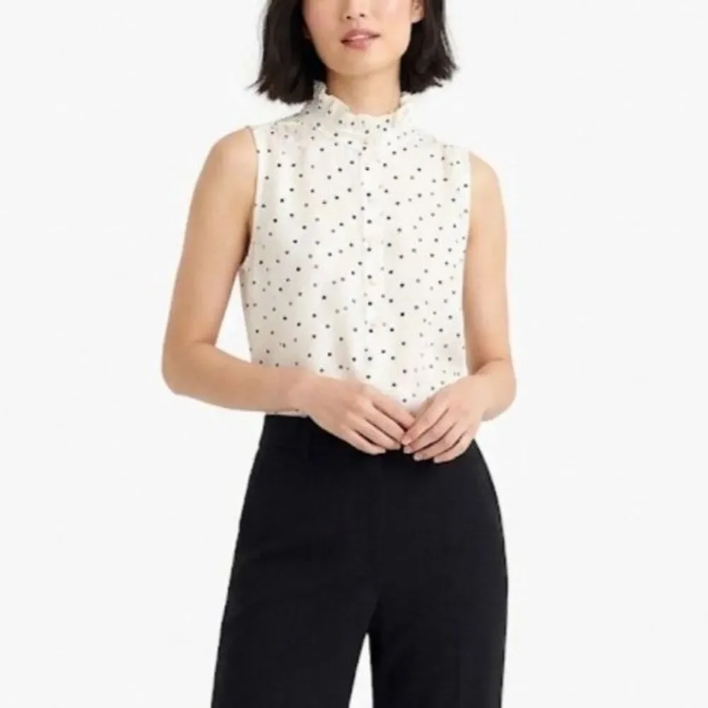 J. Crew Womens Ivory Black Dot Silky Ruffle Neck Sleeveless 1/2 Button Top Size